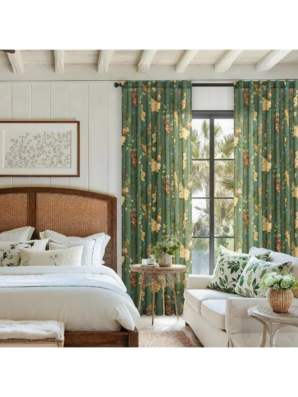 Dark Green Floral Linen Curtains 96